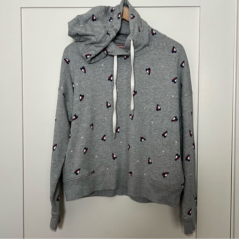Tommy Hilfiger Sport Sweatshirt Hoodie Womens Size XL Gray Cropped Hearts Logo